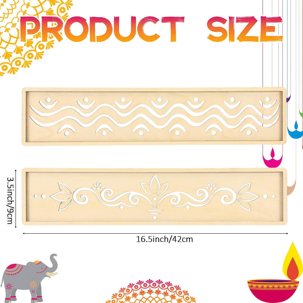 2 Pcs Diwali 16.5 Inch Large Rangoli Stencils Wooden DIY Making Kit, Reusable Rectangular Rangoli Stencils for Indian Decor, Diwali Onam Varalakshmi Pooja Festival Floor Painting(Wave)