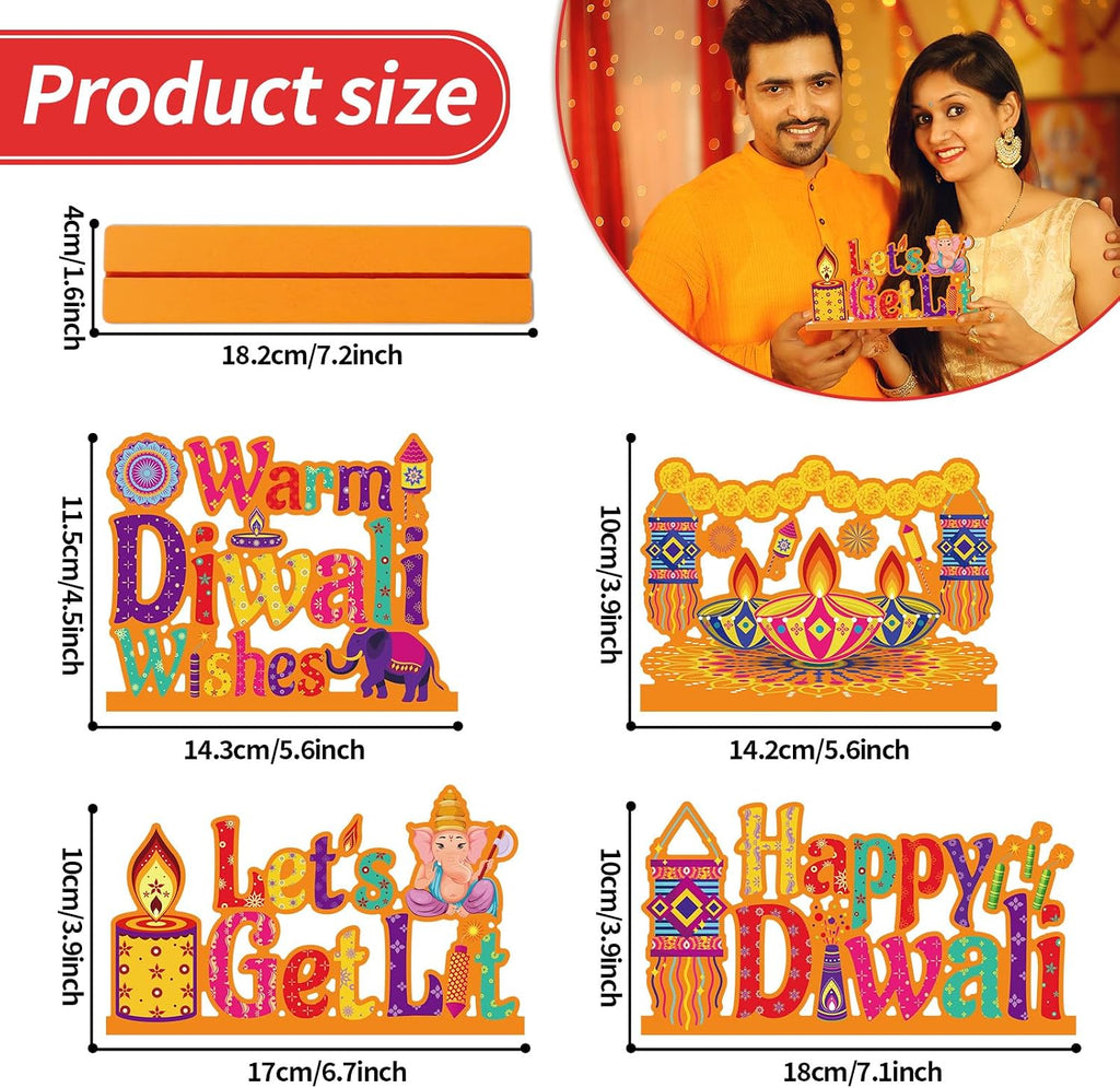 4PCS Diwali Decoration Wood Table Centerpiece for Home Happy Diwali Let'S Get Lit Warm Wishes Light Candle Henna Pattern Wooden Decor Happy Diwali Party Favors for Diwali Home Desktop Decorations