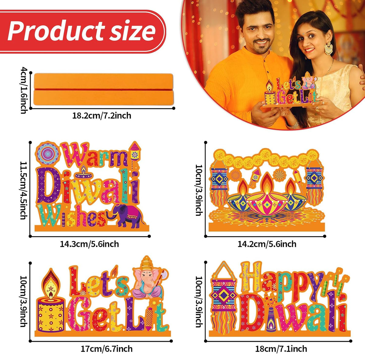 4PCS Diwali Decoration Wood Table Centerpiece for Home Happy Diwali Let'S Get Lit Warm Wishes Light Candle Henna Pattern Wooden Decor Happy Diwali Party Favors for Diwali Home Desktop Decorations