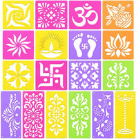 12 Different Design Draw Rangoli Making Kit Rangoli Stamp Om Swastik Flower Design Colourful Rangoli Making Stencils & 6 Border Stencils Total 18 Pieces
