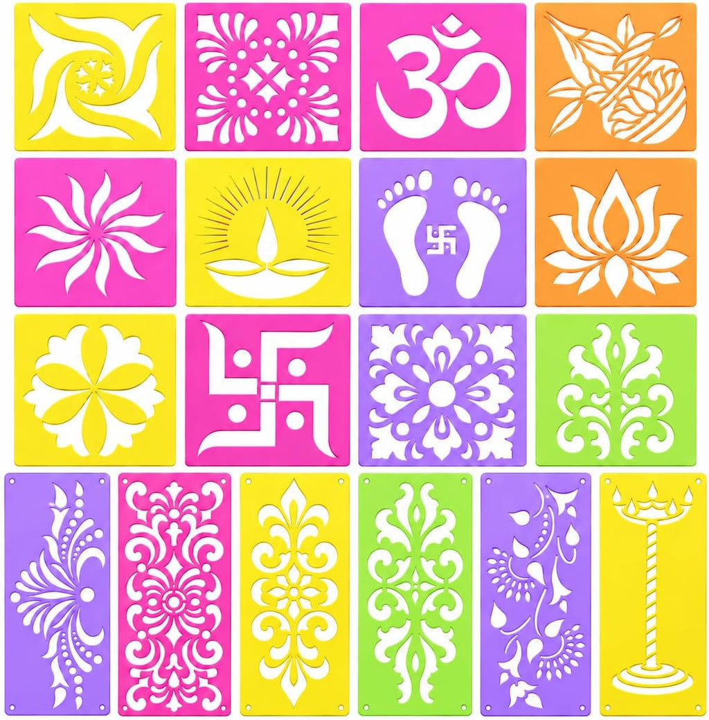 12 Different Design Draw Rangoli Making Kit Rangoli Stamp Om Swastik Flower Design Colourful Rangoli Making Stencils & 6 Border Stencils Total 18 Pieces