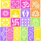 12 Different Design Draw Rangoli Making Kit Rangoli Stamp Om Swastik Flower Design Colourful Rangoli Making Stencils & 6 Border Stencils Total 18 Pieces