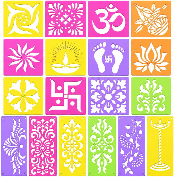 12 Different Design Draw Rangoli Making Kit Rangoli Stamp Om Swastik Flower Design Colourful Rangoli Making Stencils & 6 Border Stencils Total 18 Pieces