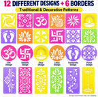 12 Different Design Draw Rangoli Making Kit Rangoli Stamp Om Swastik Flower Design Colourful Rangoli Making Stencils & 6 Border Stencils Total 18 Pieces