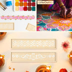 2 Pcs Diwali 16.5 Inch Large Rangoli Stencils Wooden DIY Making Kit, Reusable Rectangular Rangoli Stencils for Indian Decor, Diwali Onam Varalakshmi Pooja Festival Floor Painting(Wave)