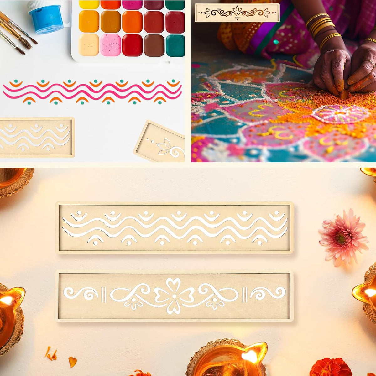 2 Pcs Diwali 16.5 Inch Large Rangoli Stencils Wooden DIY Making Kit, Reusable Rectangular Rangoli Stencils for Indian Decor, Diwali Onam Varalakshmi Pooja Festival Floor Painting(Wave)