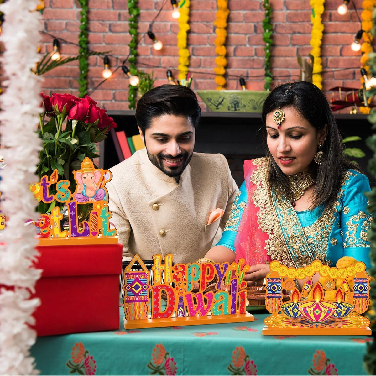 4PCS Diwali Decoration Wood Table Centerpiece for Home Happy Diwali Let'S Get Lit Warm Wishes Light Candle Henna Pattern Wooden Decor Happy Diwali Party Favors for Diwali Home Desktop Decorations