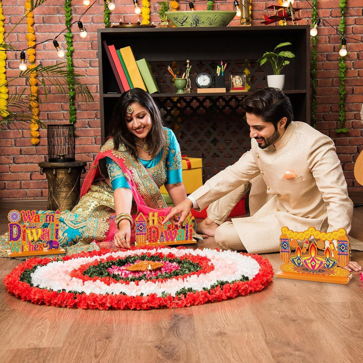 4PCS Diwali Decoration Wood Table Centerpiece for Home Happy Diwali Let'S Get Lit Warm Wishes Light Candle Henna Pattern Wooden Decor Happy Diwali Party Favors for Diwali Home Desktop Decorations