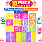 12 Different Design Draw Rangoli Making Kit Rangoli Stamp Om Swastik Flower Design Colourful Rangoli Making Stencils & 6 Border Stencils Total 18 Pieces