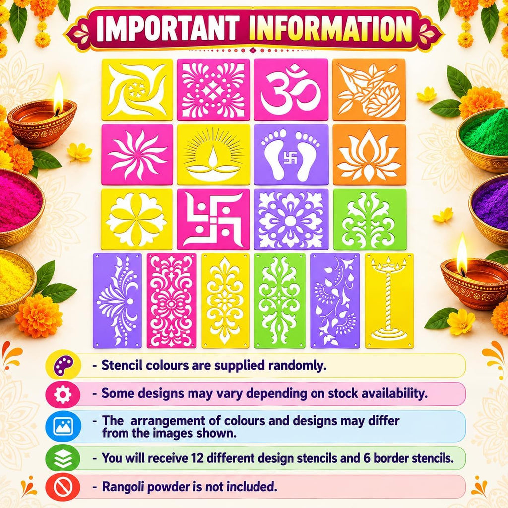 12 Different Design Draw Rangoli Making Kit Rangoli Stamp Om Swastik Flower Design Colourful Rangoli Making Stencils & 6 Border Stencils Total 18 Pieces