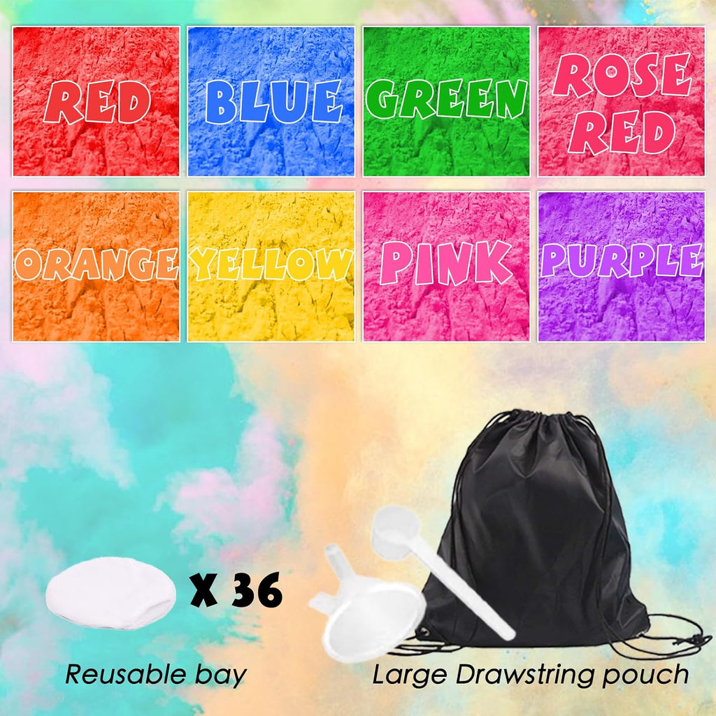 Color Run Powder Balls 36 Pack Powder 8 Colors Natural+36 Pack Refillable Sandbags, Holi Powder Throwing Balls of Washable Chalk Powder Paint for Color War, Rangoli, Fun Run, Party & Festival