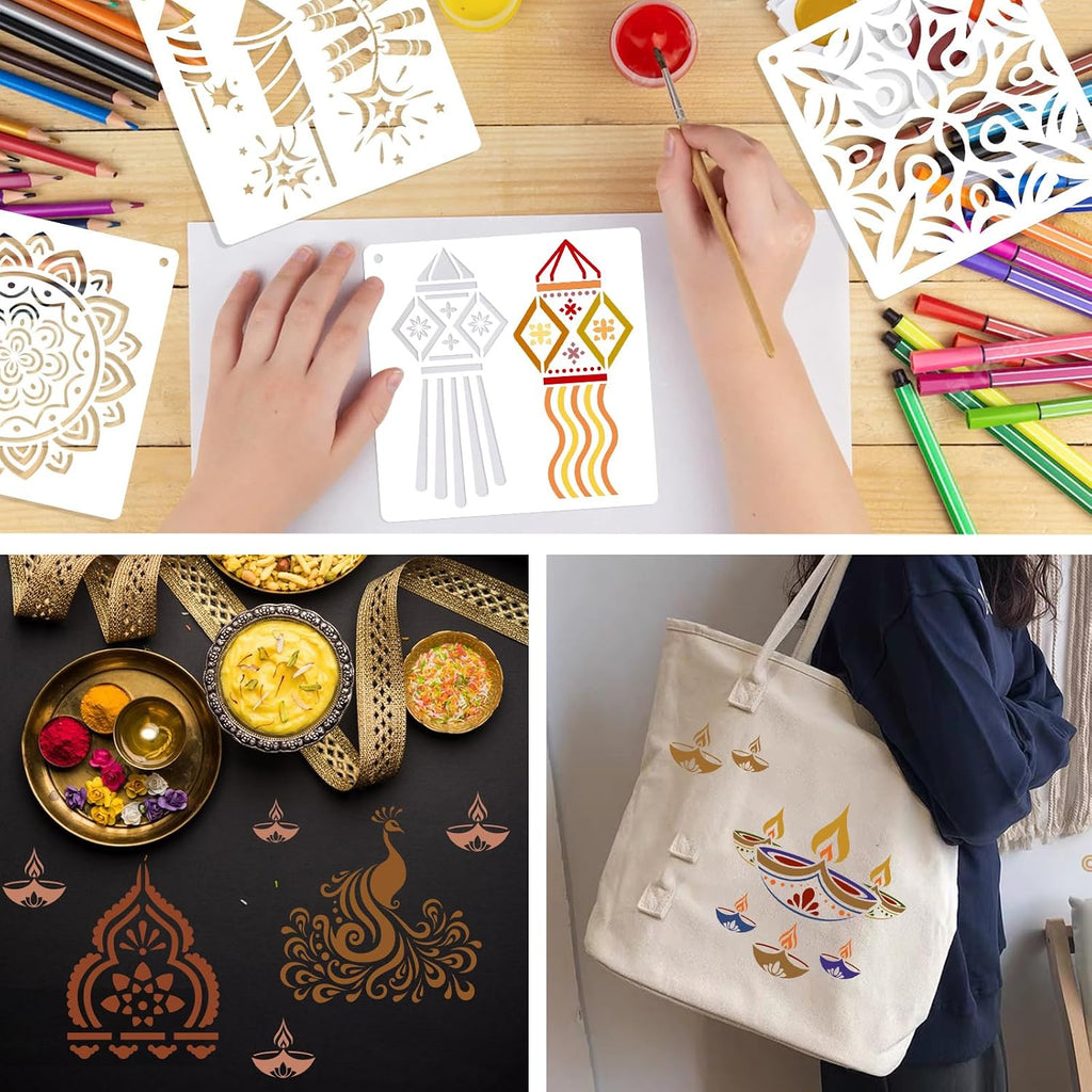 16 PCS Diwali Rangoli Stencils for Painting on Wood, Reusable Mandala Stencils Templates Diyas Marigold Flower Rangoli Stencil for Diwali Crafts Decorations for Home