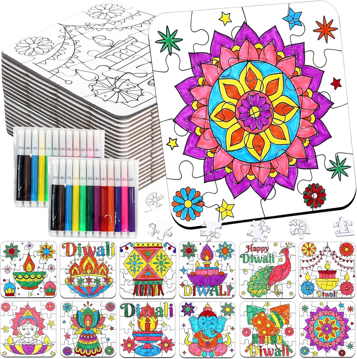 Diwali Crafts & Party Favors for Kids Bulk, Rangoli Activity DIY Art Puzzle