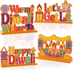 4PCS Diwali Decoration Wood Table Centerpiece for Home Happy Diwali Let'S Get Lit Warm Wishes Light Candle Henna Pattern Wooden Decor Happy Diwali Party Favors for Diwali Home Desktop Decorations