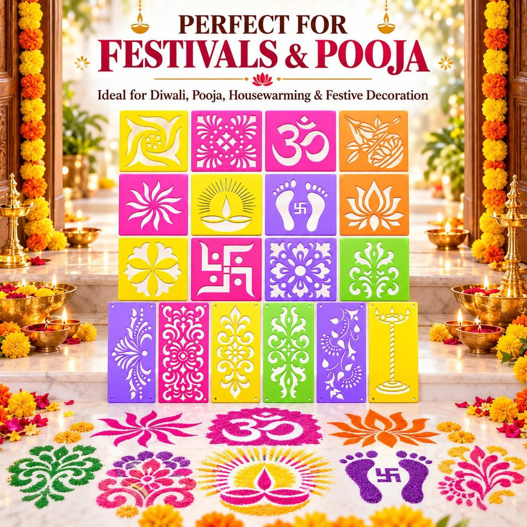 12 Different Design Draw Rangoli Making Kit Rangoli Stamp Om Swastik Flower Design Colourful Rangoli Making Stencils & 6 Border Stencils Total 18 Pieces