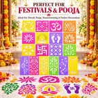 12 Different Design Draw Rangoli Making Kit Rangoli Stamp Om Swastik Flower Design Colourful Rangoli Making Stencils & 6 Border Stencils Total 18 Pieces