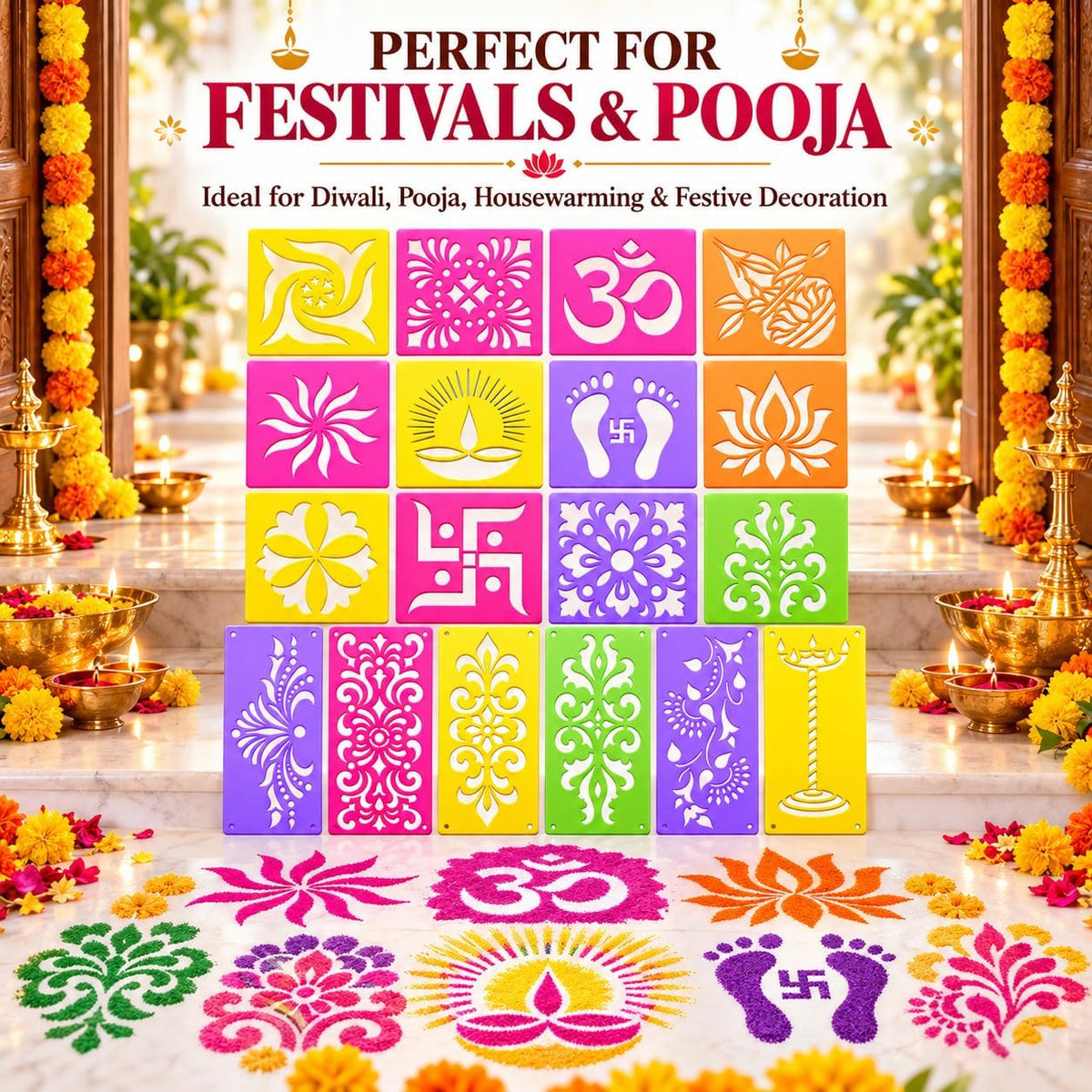 12 Different Design Draw Rangoli Making Kit Rangoli Stamp Om Swastik Flower Design Colourful Rangoli Making Stencils & 6 Border Stencils Total 18 Pieces