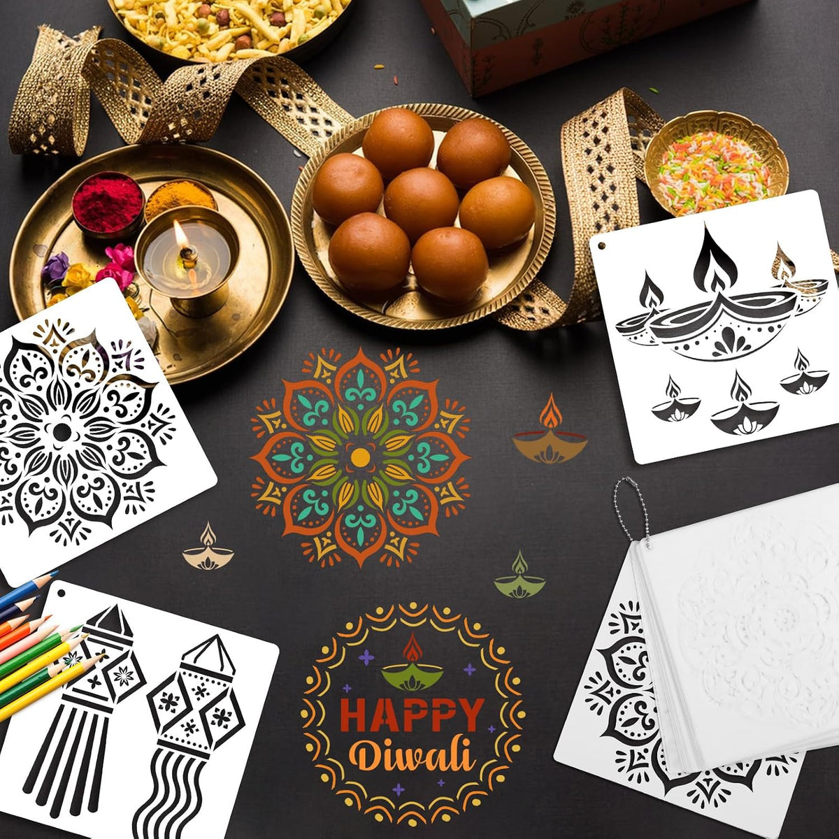 16 PCS Diwali Rangoli Stencils for Painting on Wood, Reusable Mandala Stencils Templates Diyas Marigold Flower Rangoli Stencil for Diwali Crafts Decorations for Home