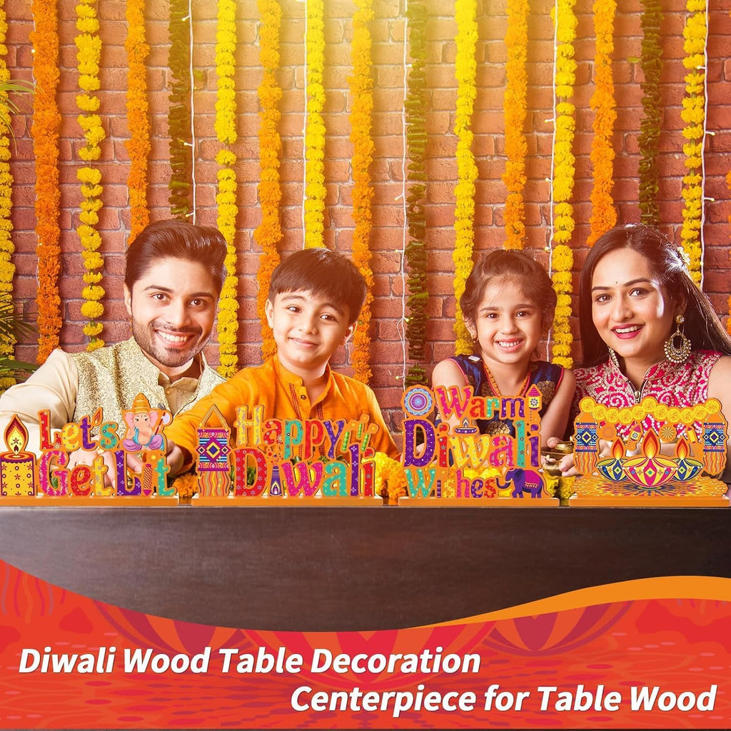 4PCS Diwali Decoration Wood Table Centerpiece for Home Happy Diwali Let'S Get Lit Warm Wishes Light Candle Henna Pattern Wooden Decor Happy Diwali Party Favors for Diwali Home Desktop Decorations