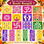 12 Different Design Draw Rangoli Making Kit Rangoli Stamp Om Swastik Flower Design Colourful Rangoli Making Stencils & 6 Border Stencils Total 18 Pieces