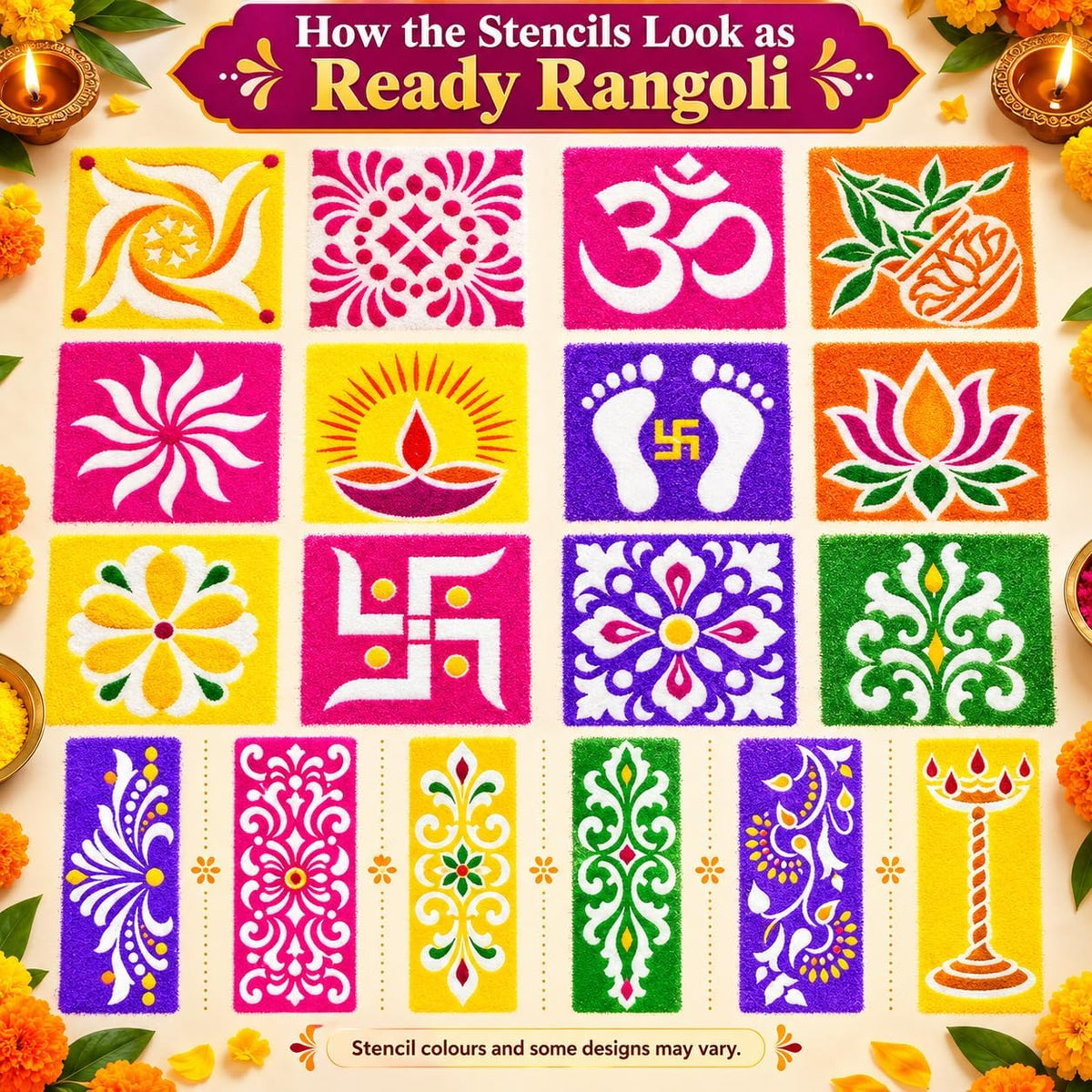 12 Different Design Draw Rangoli Making Kit Rangoli Stamp Om Swastik Flower Design Colourful Rangoli Making Stencils & 6 Border Stencils Total 18 Pieces