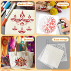 16 PCS Diwali Rangoli Stencils for Painting on Wood, Reusable Mandala Stencils Templates Diyas Marigold Flower Rangoli Stencil for Diwali Crafts Decorations for Home