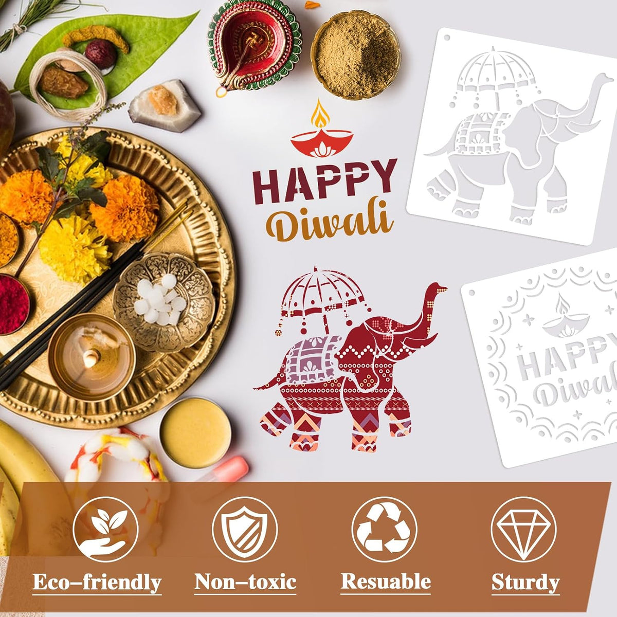 16 PCS Diwali Rangoli Stencils for Painting on Wood, Reusable Mandala Stencils Templates Diyas Marigold Flower Rangoli Stencil for Diwali Crafts Decorations for Home