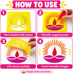 12 Different Design Draw Rangoli Making Kit Rangoli Stamp Om Swastik Flower Design Colourful Rangoli Making Stencils & 6 Border Stencils Total 18 Pieces