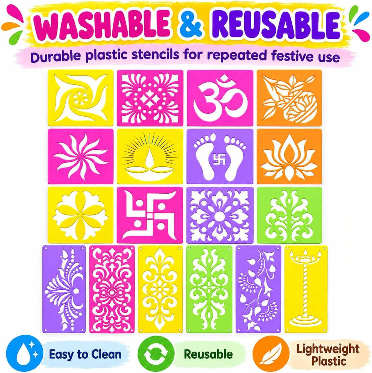12 Different Design Draw Rangoli Making Kit Rangoli Stamp Om Swastik Flower Design Colourful Rangoli Making Stencils & 6 Border Stencils Total 18 Pieces