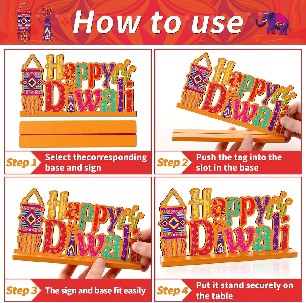 4PCS Diwali Decoration Wood Table Centerpiece for Home Happy Diwali Let'S Get Lit Warm Wishes Light Candle Henna Pattern Wooden Decor Happy Diwali Party Favors for Diwali Home Desktop Decorations