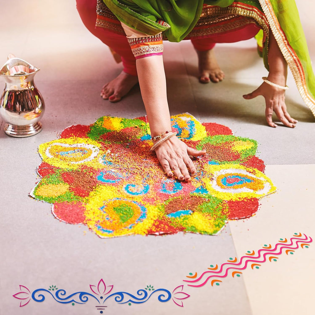 2 Pcs Diwali 16.5 Inch Large Rangoli Stencils Wooden DIY Making Kit, Reusable Rectangular Rangoli Stencils for Indian Decor, Diwali Onam Varalakshmi Pooja Festival Floor Painting(Wave)