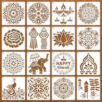16 PCS Diwali Rangoli Stencils for Painting on Wood, Reusable Mandala Stencils Templates Diyas Marigold Flower Rangoli Stencil for Diwali Crafts Decorations for Home