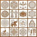 16 PCS Diwali Rangoli Stencils for Painting on Wood, Reusable Mandala Stencils Templates Diyas Marigold Flower Rangoli Stencil for Diwali Crafts Decorations for Home