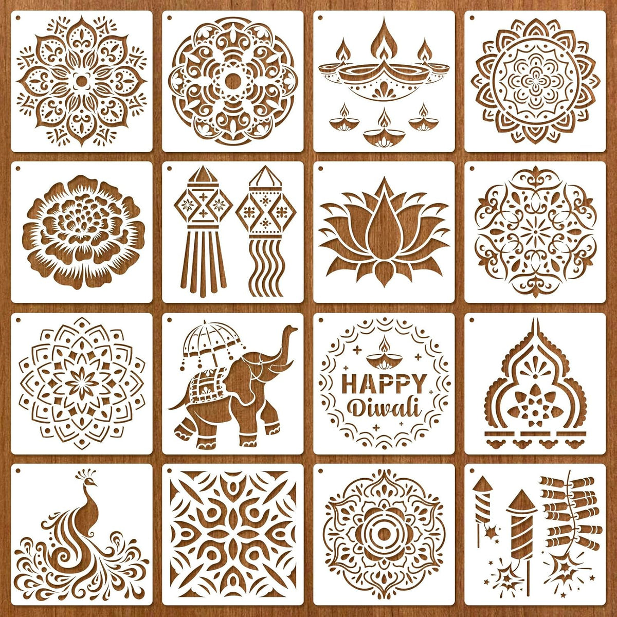 16 PCS Diwali Rangoli Stencils for Painting on Wood, Reusable Mandala Stencils Templates Diyas Marigold Flower Rangoli Stencil for Diwali Crafts Decorations for Home