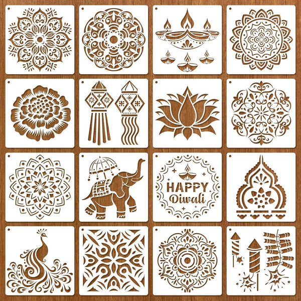 16 PCS Diwali Rangoli Stencils for Painting on Wood, Reusable Mandala Stencils Templates Diyas Marigold Flower Rangoli Stencil for Diwali Crafts Decorations for Home