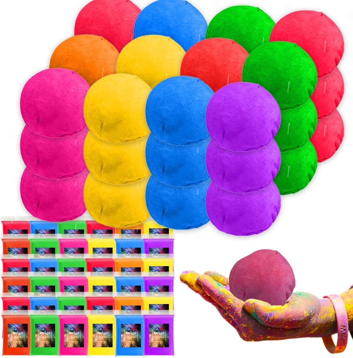 Color Run Powder Balls 36 Pack Powder 8 Colors Natural+36 Pack Refillable Sandbags, Holi Powder Throwing Balls of Washable Chalk Powder Paint for Color War, Rangoli, Fun Run, Party & Festival