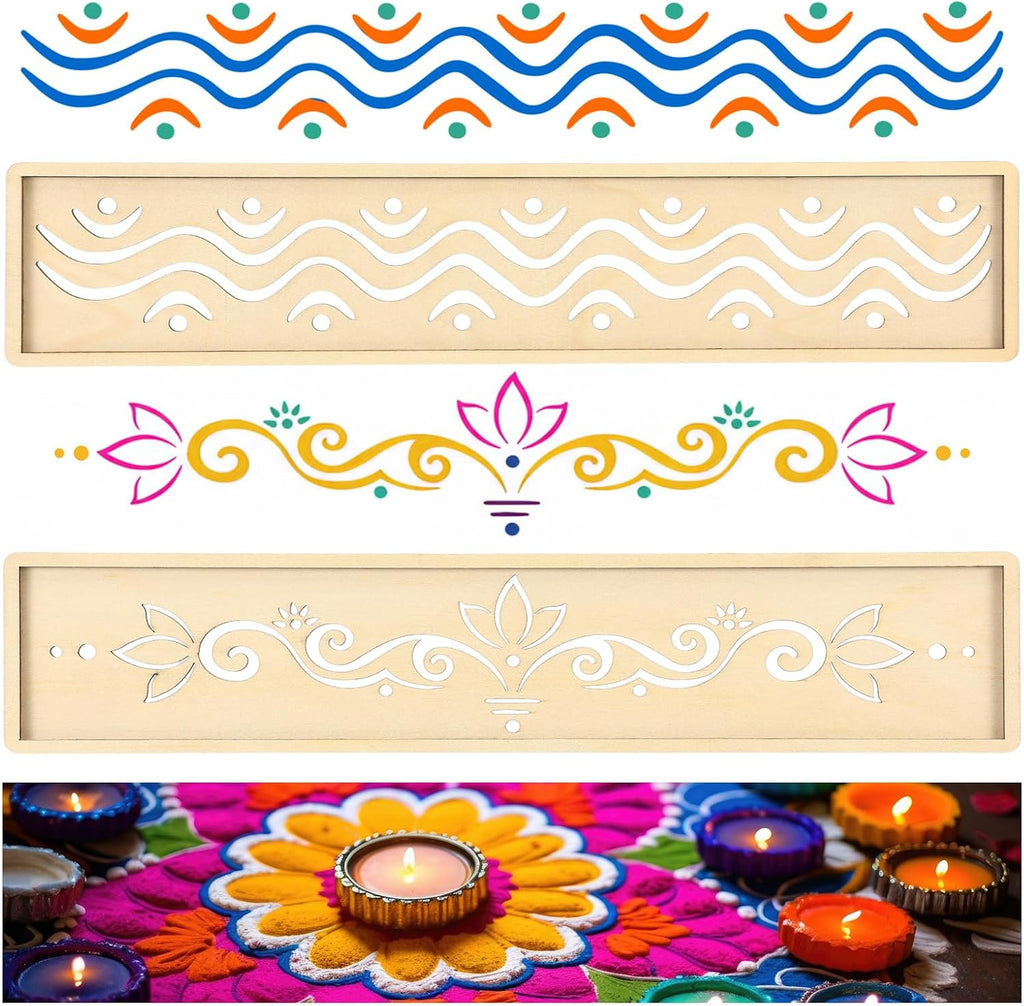2 Pcs Diwali 16.5 Inch Large Rangoli Stencils Wooden DIY Making Kit, Reusable Rectangular Rangoli Stencils for Indian Decor, Diwali Onam Varalakshmi Pooja Festival Floor Painting(Wave)