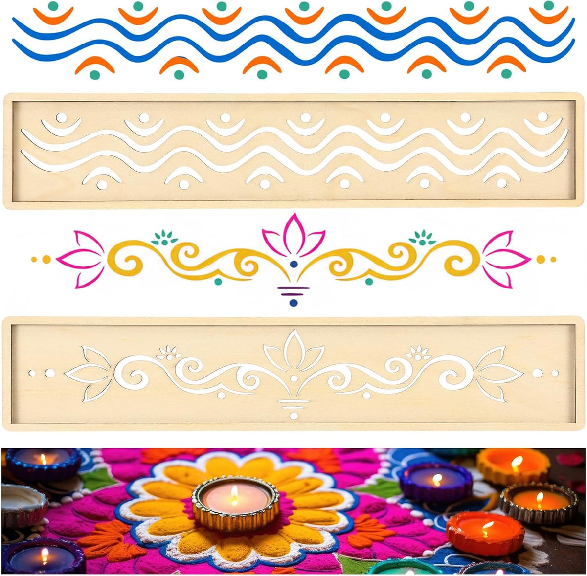 2 Pcs Diwali 16.5 Inch Large Rangoli Stencils Wooden DIY Making Kit, Reusable Rectangular Rangoli Stencils for Indian Decor, Diwali Onam Varalakshmi Pooja Festival Floor Painting(Wave)