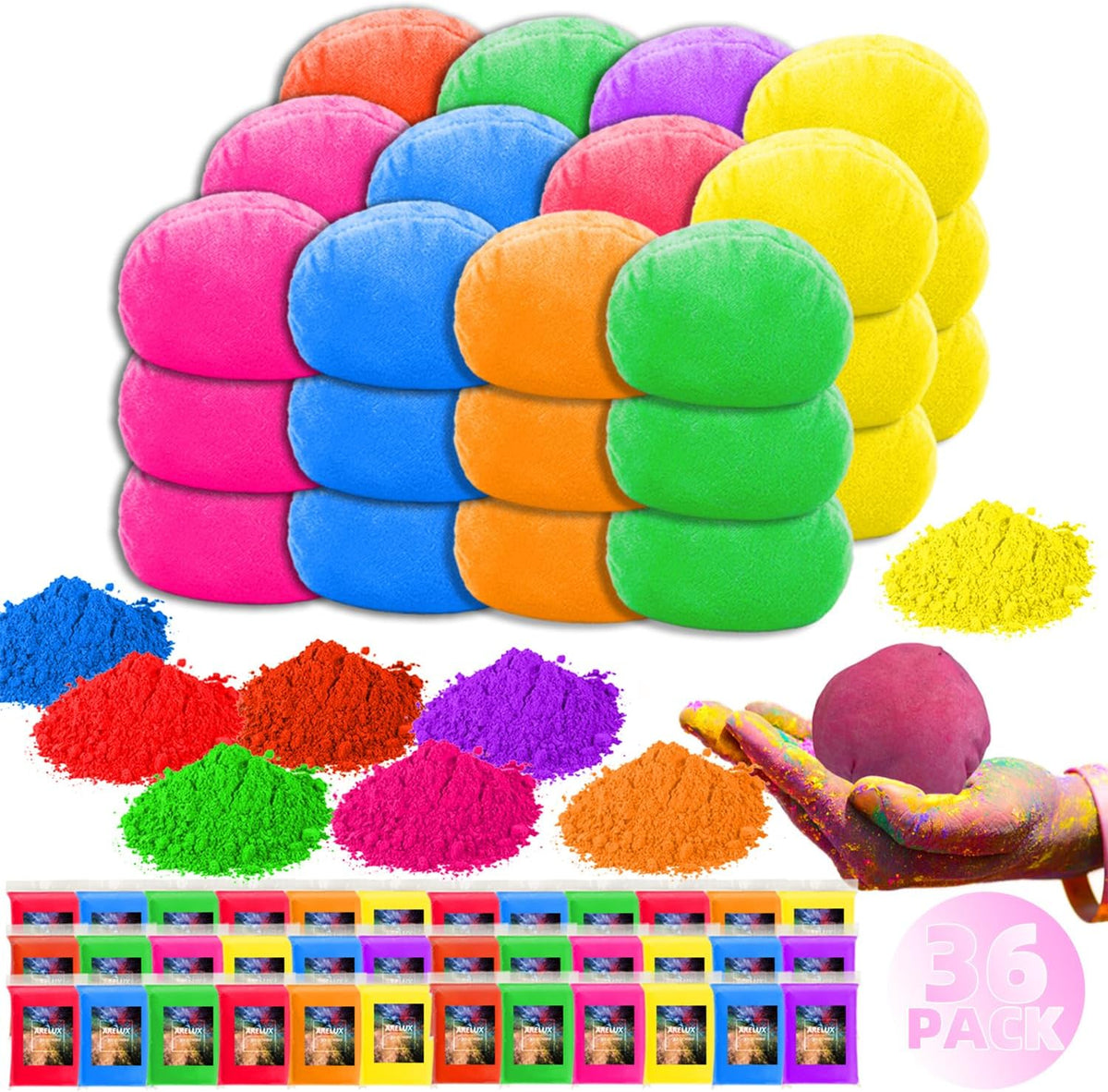 Color Run Powder Balls 36 Pack Powder 8 Colors Natural+36 Pack Refillable Sandbags, Holi Powder Throwing Balls of Washable Chalk Powder Paint for Color War, Rangoli, Fun Run, Party & Festival