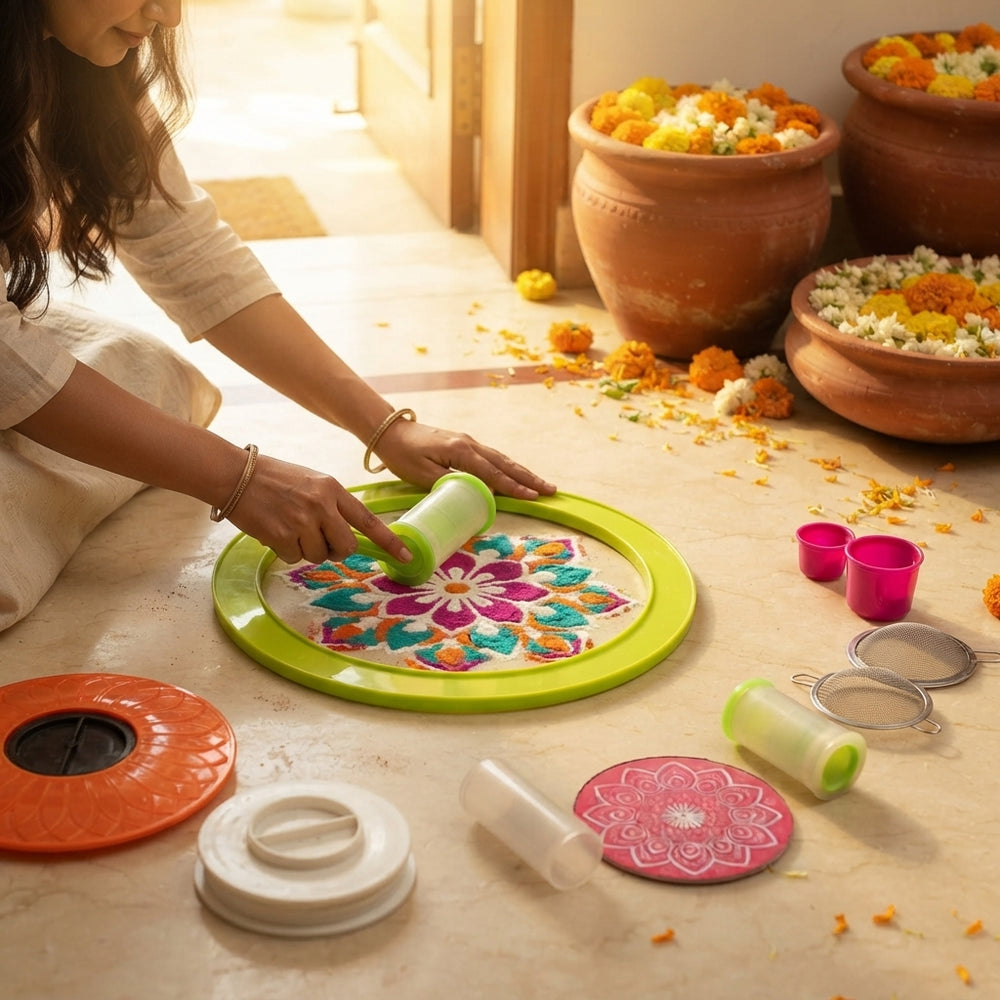 Hands using a rangoli stencil roller to create a symmetrical floral design on a marble floor with colorful powder.